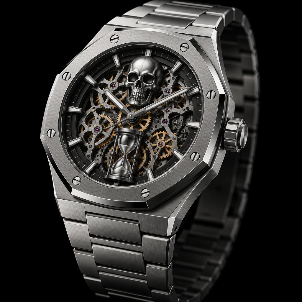Three-quarter angle view of the silver skeleton watch
