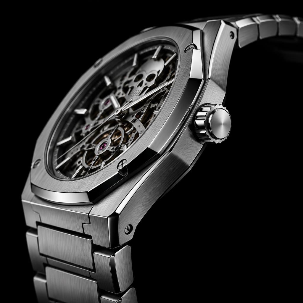 Side profile of the silver skeleton watch showing case depth
